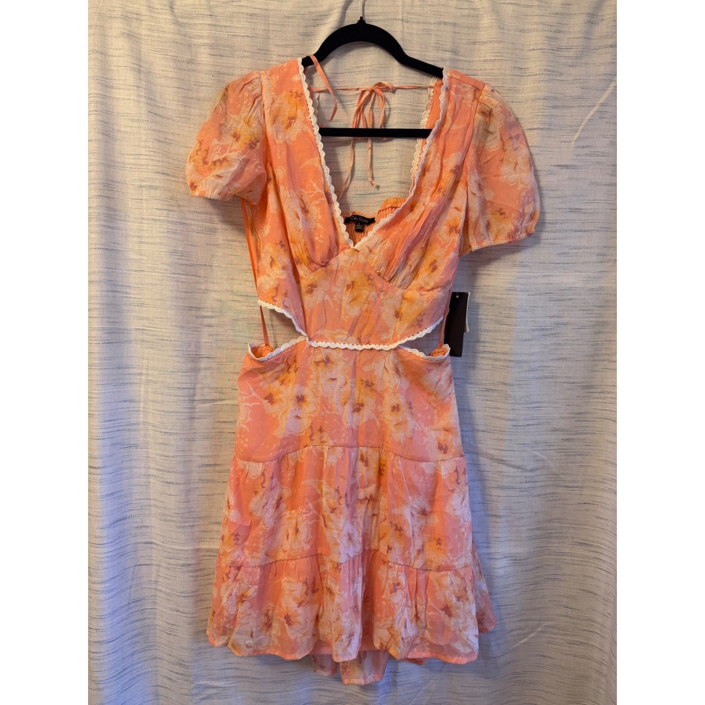 City Studio Floral Cutout Mini Dress Peach Orange Lace Trim Puff Sleeve Large